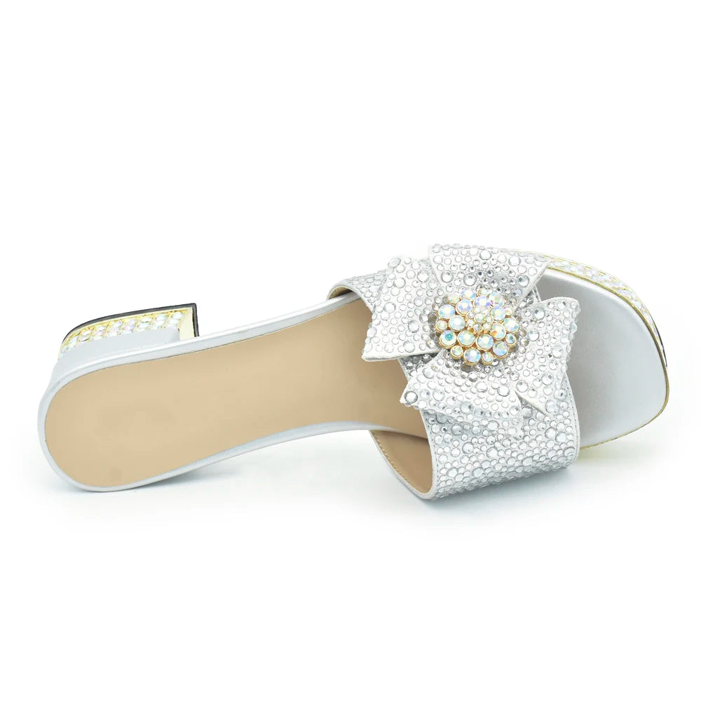Fashion Crystal Women's Dress Pumps Open Toe Ladies Sandals with Heels African Women Wedding Shoes Decorated with Rhinestone