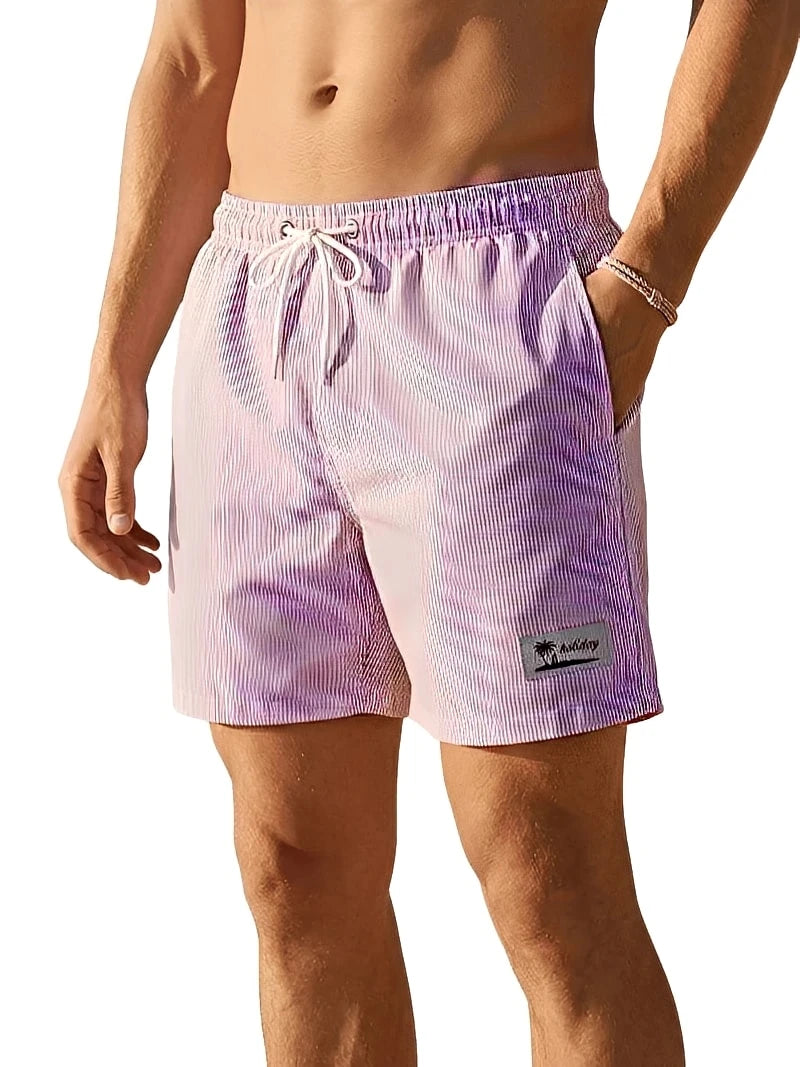 Men’s Quick-Dry Striped Swim Shorts – Beach Board Shorts with Mesh Liner & Pockets for Summer Swimwear