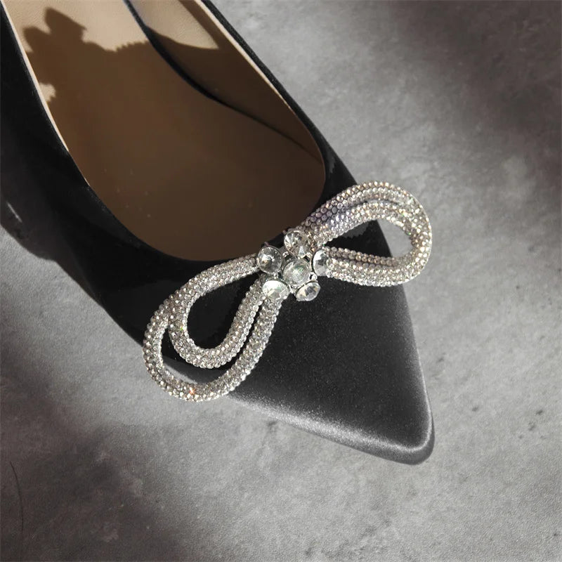 Woman Flats Pointed Toe Blue Rhinestones Bow  Clear Flat Daily Elegant Female Slip On Shoes
