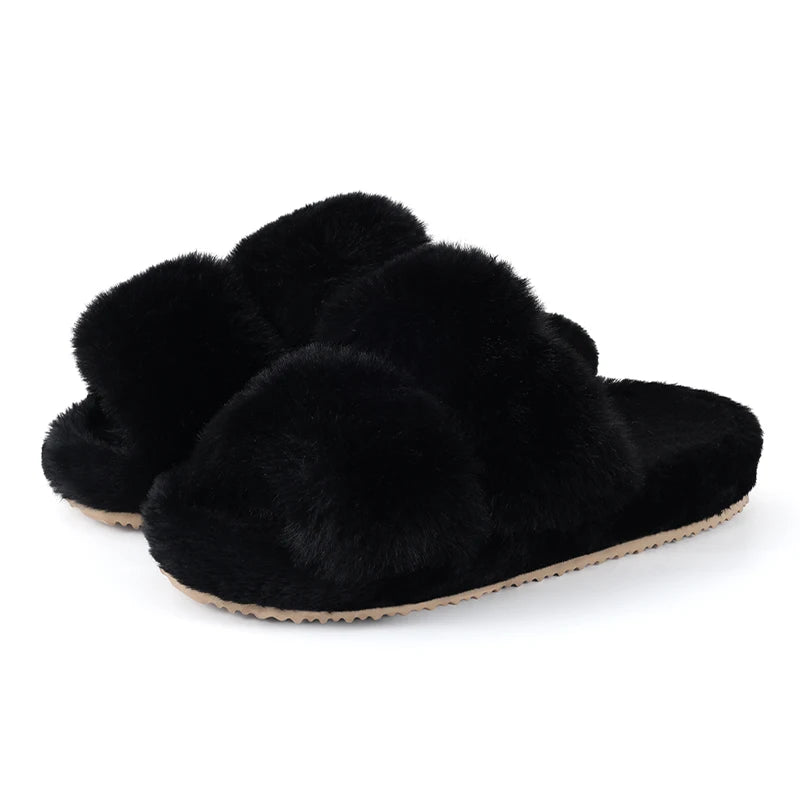 Women's Winter Warm Fluffy Platform Slippers Plush Open Toe Footwear Flat Slides Suitable For Indoor Use Ladies' Shoes