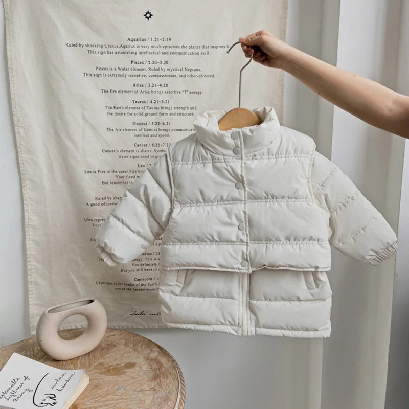 Winter Kids Parkas Thicken Vest And Parkas 2 Pcs Boys Long Parka Cotton Lining Girls Jacket 4-6Y Unisex
