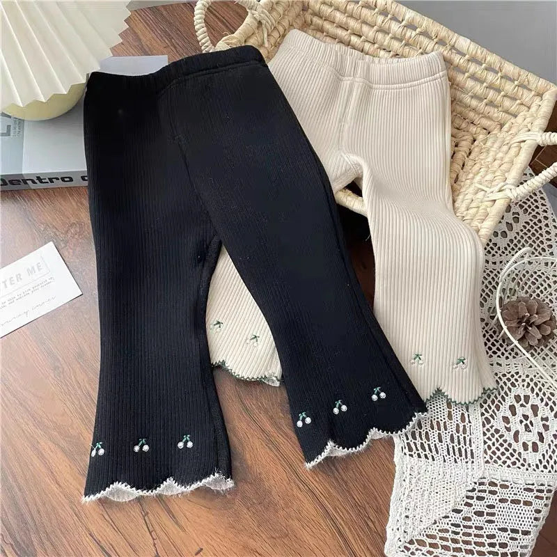 New Winter Girls Leggings Children Cute Embroidered Cherry Render Pants Kids Pit Strip Fleece Padded Bell-bottoms 4-6Y Girls