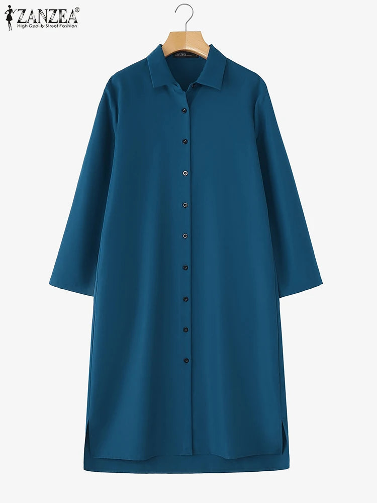 2025 Fashion Autumn Shirt Dress Women Lapel Neck 3/4 Sleeve Sundress Casual Loose OL Work Dresses Button Midi Robe Kaftan