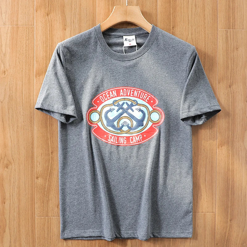 2025 Summer New American Retro 250g Short Sleeve O-neck Printed T-shirt Men's Fashion 100% Cotton Washed Casual Loose Tops