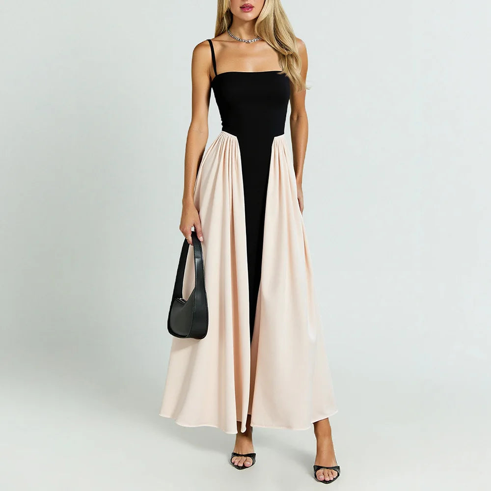 Jurken Zomer 2025 Mode Elegante Patchwork Mouwloze Vierkante Hals Midi Casual Shift Jurken Voor Vrouwen