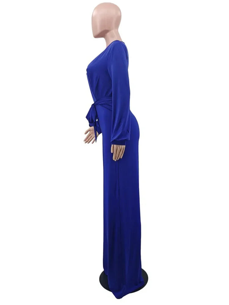 Women Solid Color Knitted V-Neck Long Sleeve Straight Jumpsuit With Belt