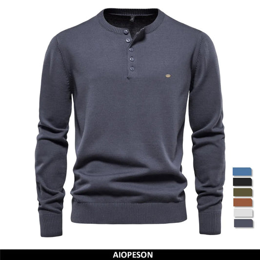 Men's Henley Collar Sweaters 100% Cotton Solid Colour Casual Pullovers Autumn Thin High Quality Sweaters for Men