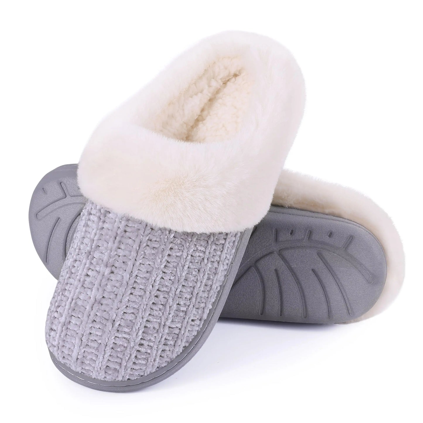 Women's Fleece Lined Warm House Cotton Slippers With Memory Foam and Non-Slip Cosy Fluffy Sole Plush Knit Slides Suitable For Bedroom Use