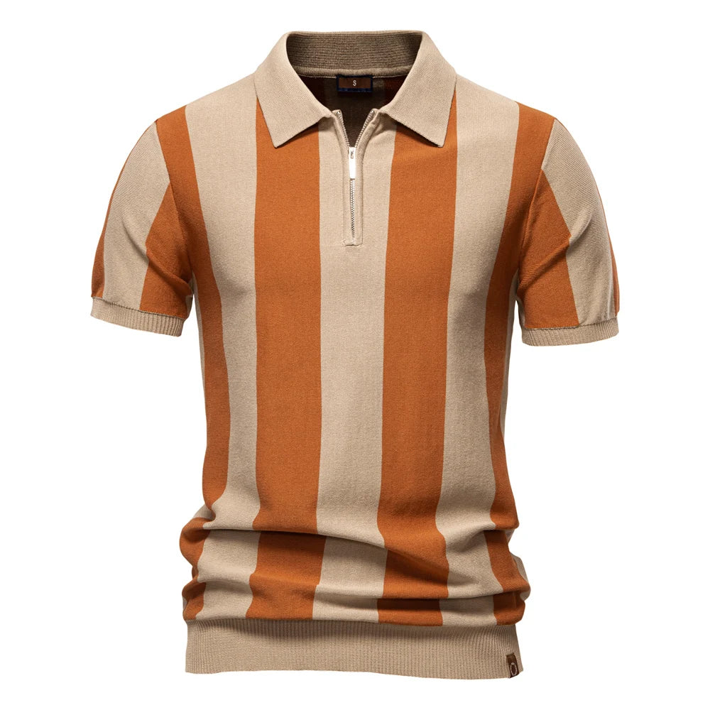 Men's Summer Breathable And Striped Contrast Panel Polo Shirt - Casual Short-Sleeve Knit Shirt With Comfort Fit