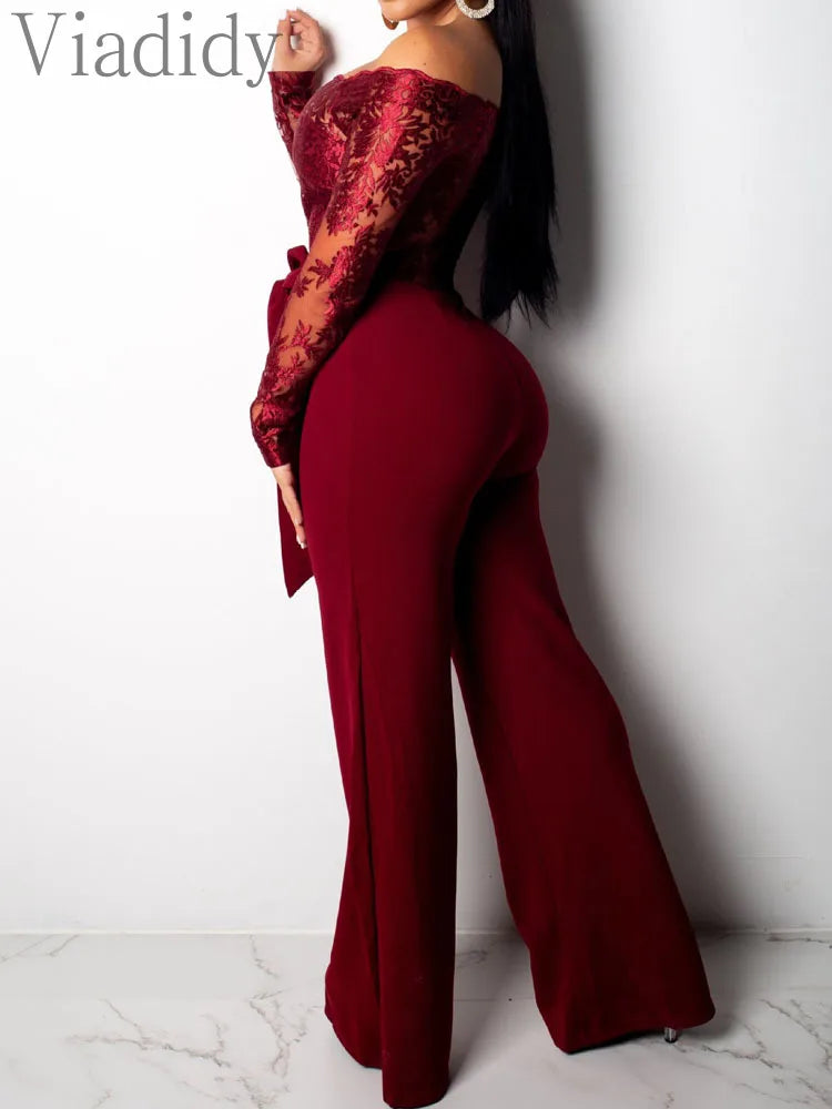 Off Shoulder Mesh Embroidery Long Sleeve Flare Jumpsuit With Belt