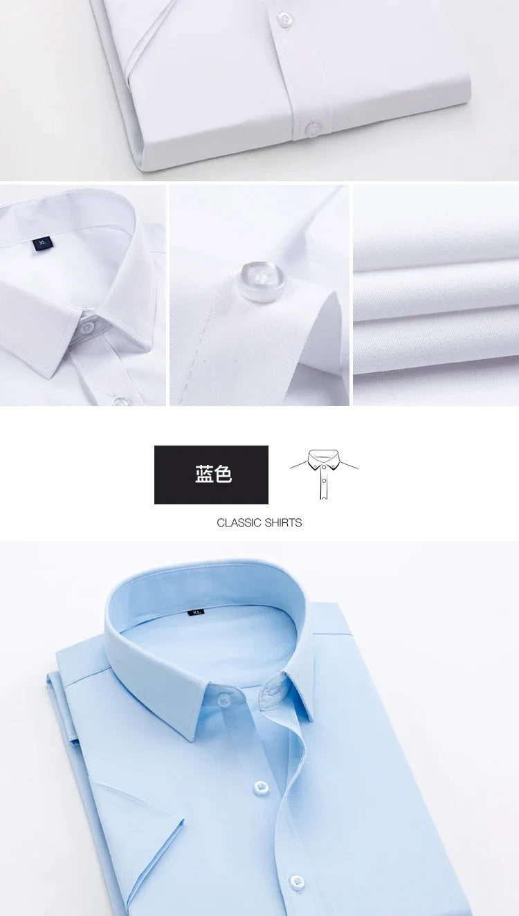 Men Short Sleeve Shirts Summer Ice Silk Light Thin Solid Business Casual Slim Fit White Shirts Classic Fashion Men Clothing