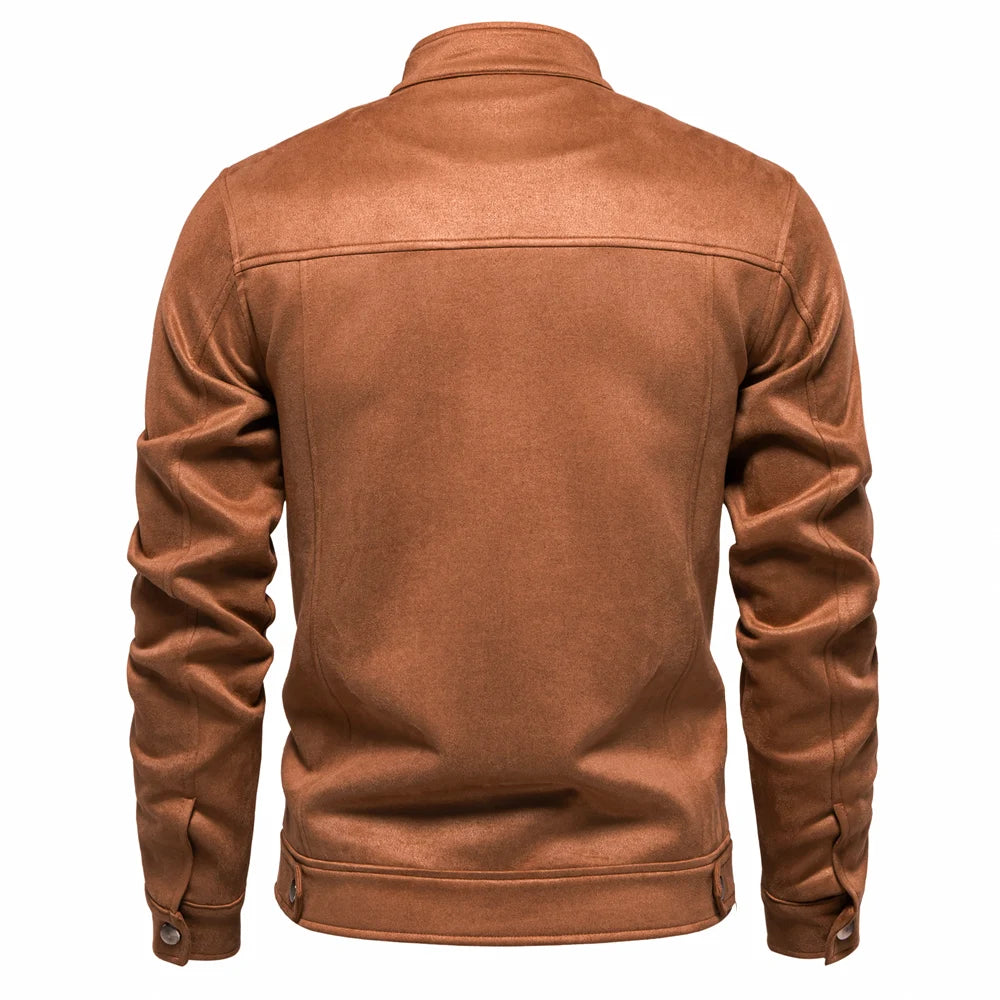 Men's Stand Collar Zip Suede Jacket Fashion Casual Business Faux Leather Trucker Jackets Coat for Men