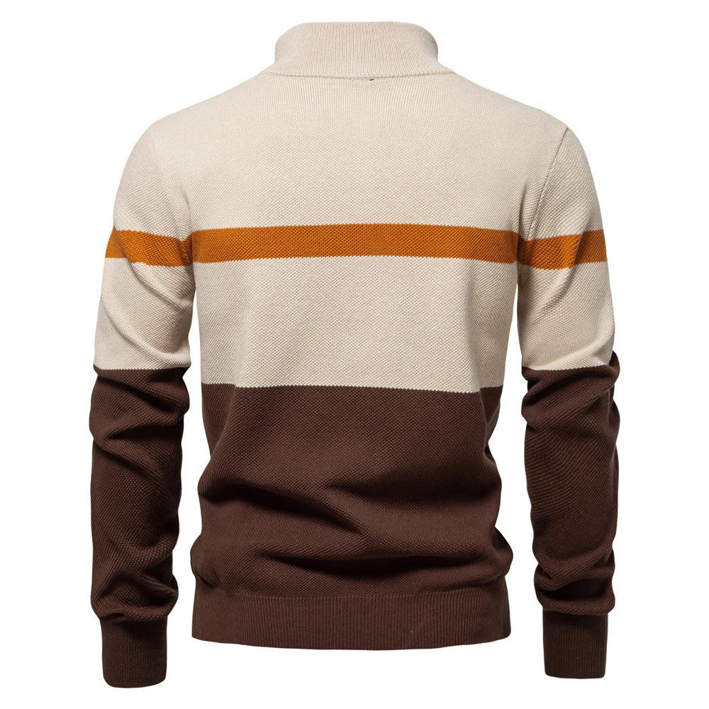 Men's High Quality Cotton Sweater Zipper Mock Neck Pullovers Male Autumn Winter Striped Warm Polo Sweater For Men