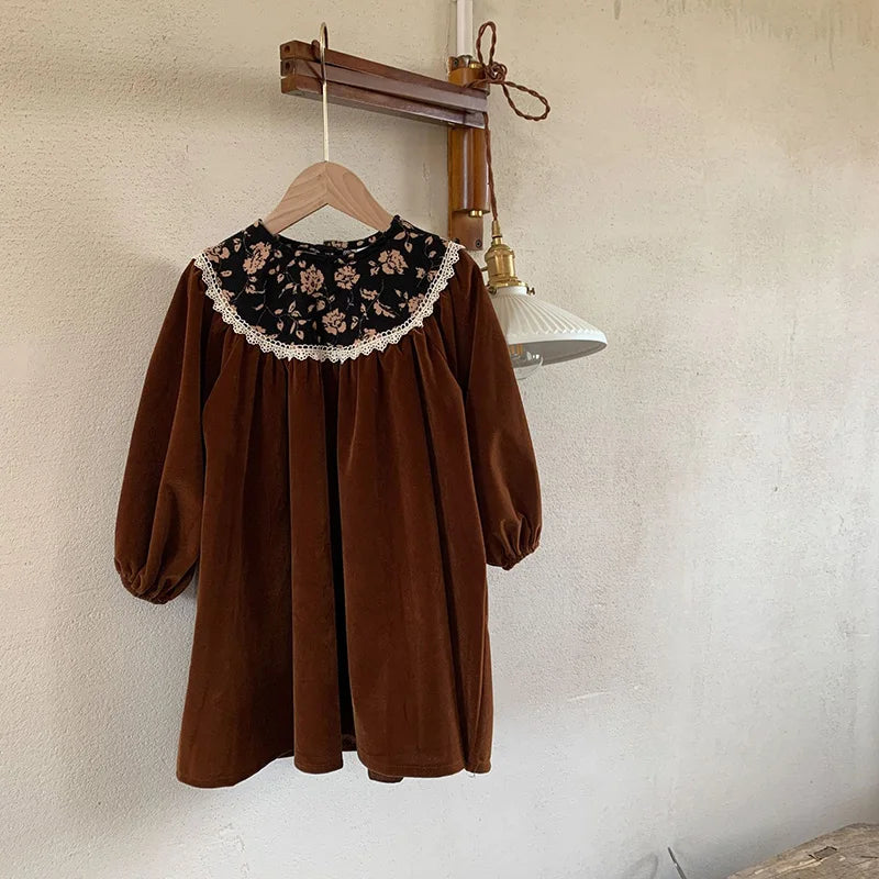 Autumn Velvet Vintage Style Kids Long Dress for Girls Floral Round Collar Princess Kids Clothes Dresses 2-6 Years