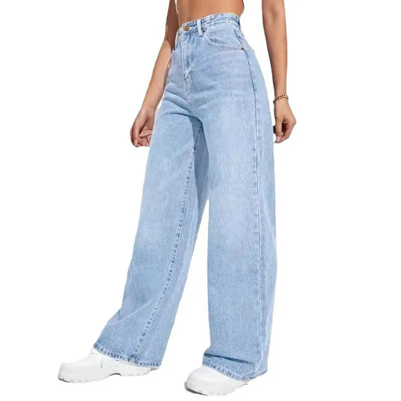 Nieuwe lichtblauwe gewassen denim broek voor dames, modieuze hoge taille rechte jeans, eenvoudige wijde broek, warme uitverkoop