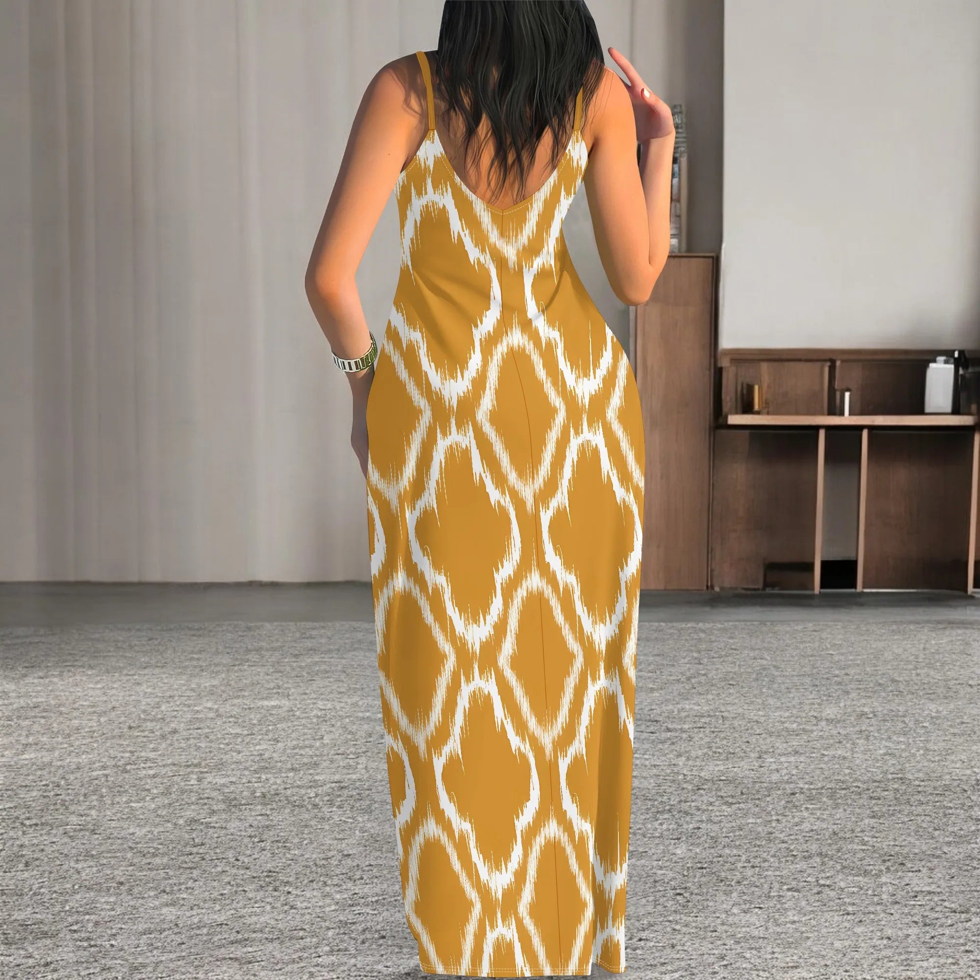 Yellow Ikat Print Sleeveless Maxi Dress for Women Summer Casual Slim Fit Beach Long Dress