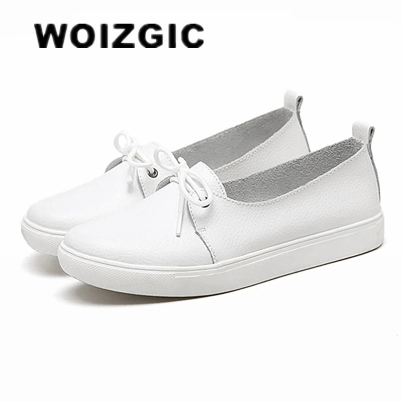 Women Students Girl Female Genuine Leather White Shoes Flats Platform Lace Up Korean Casual Vulcanized Shoes FEZ-173