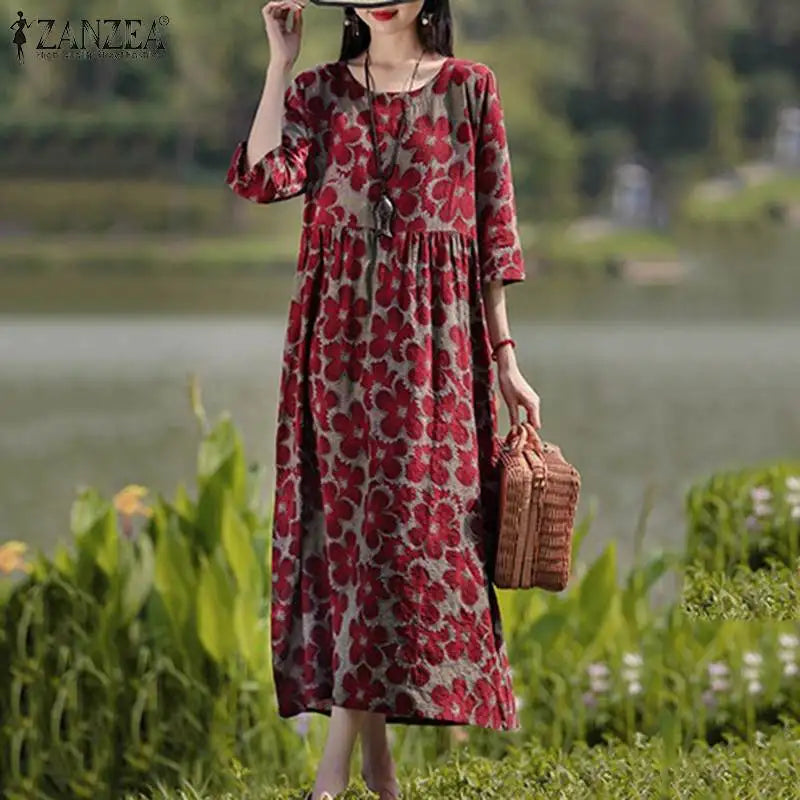 Bohemian Floral Printed Dress Autumn Long Sleeve O-Neck Maxi Robe Woman Casual Holiday Sundress Elegant Party Vestidos