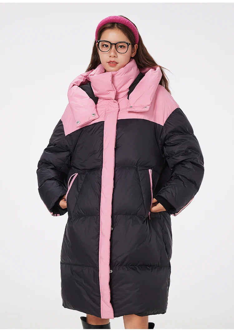 Women's Knee-Length Padded Coat With Detachable Hood, Stylish Colour-Blocking Windproof, Warm Duck Down Jacket For ladies