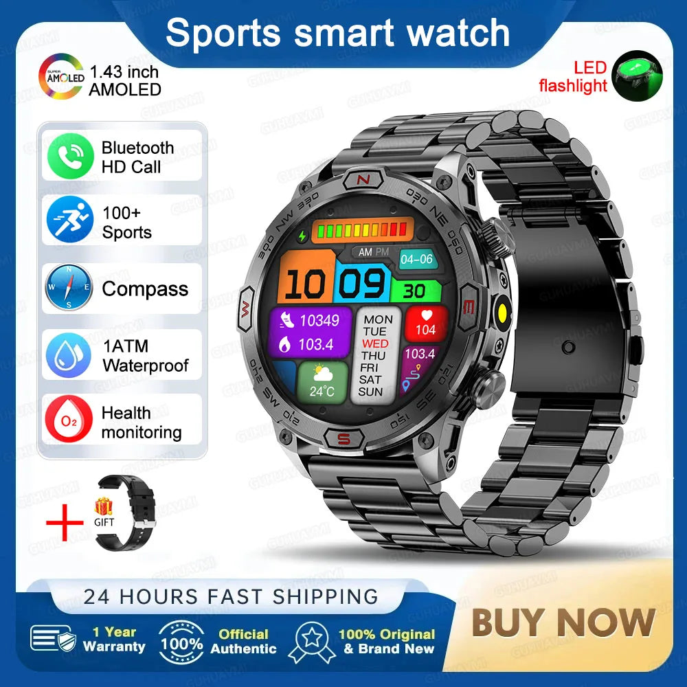 Outdoor Military Smart Watch Men Compass GPS Track Bluetooth Call IP68 Waterproof AMOLED Screen Smartwatch Compatible with Android IOS