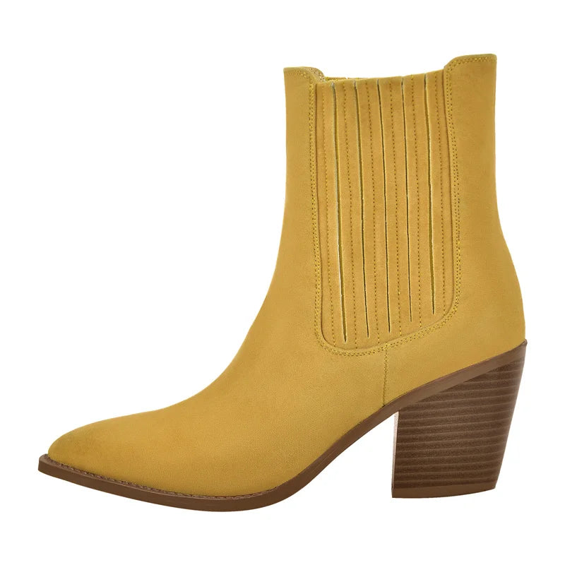 Pointed Toe  Pull-on Western Cowgirl  Boots  Chunky Heel Big Size Ankle Boots