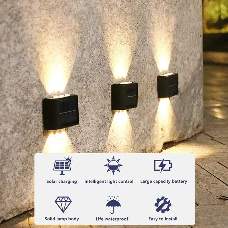 Buitenzonne-LED-wandlampen, waterdichte LED-zonnelamp, op- en neergaande lichtgevende verlichting voor tuin, balkon, tuin, straatdecoratielampen