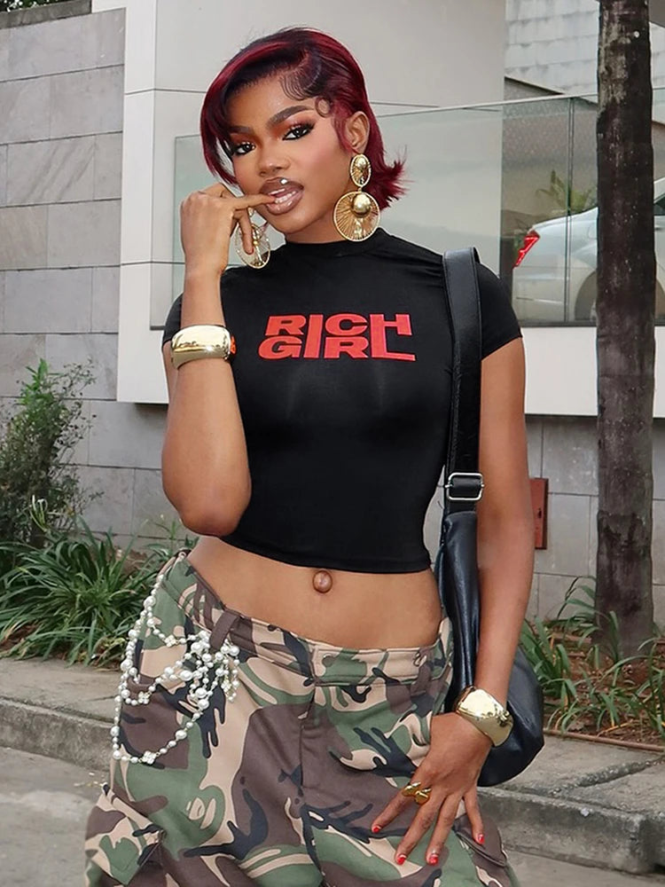 Letter Print Fashion Crop Tops Women Summer Trend o-Neck Mini Sleeve Daily Casual Simple Classic Streetwear T-Shirts
