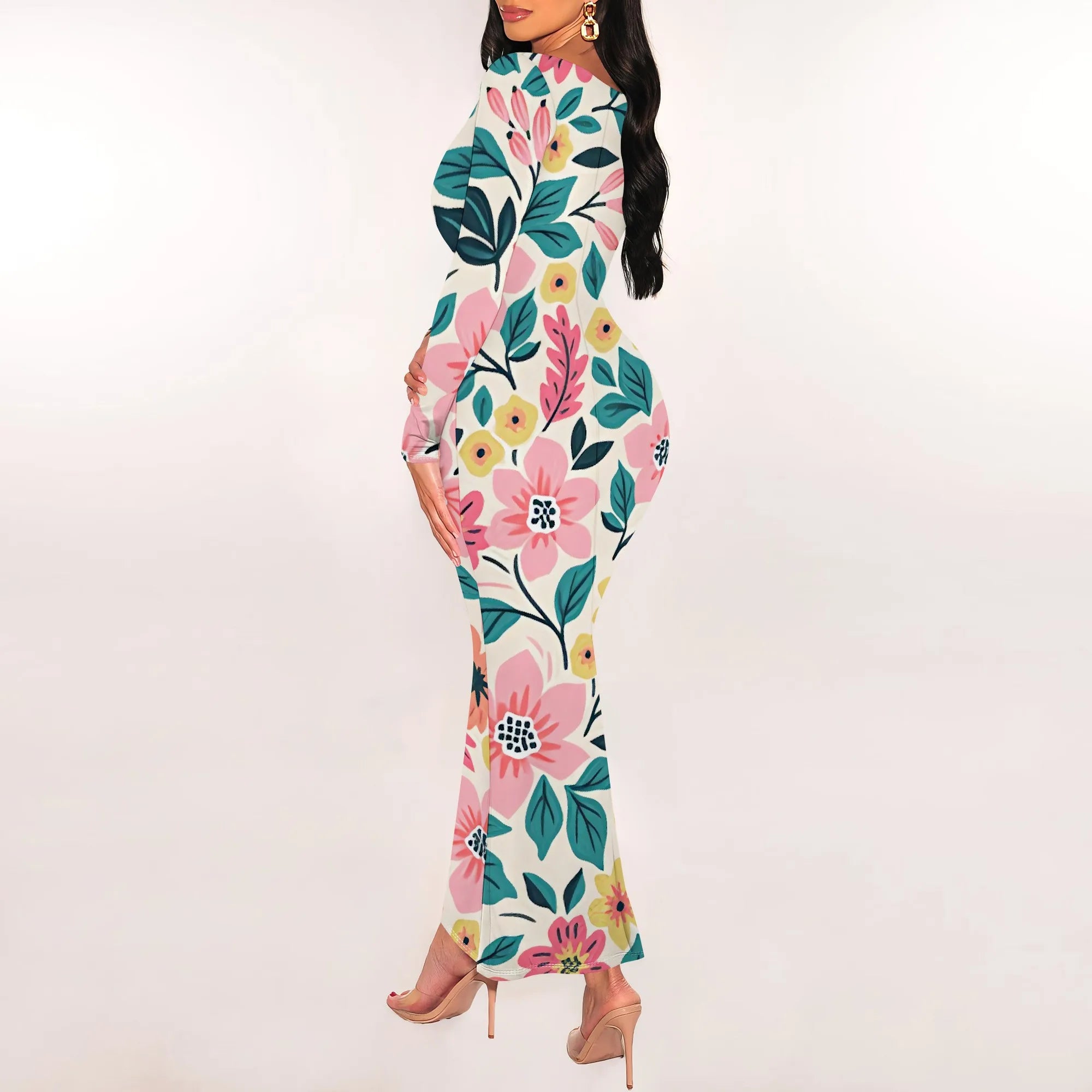 Bright Floral Print Bodycon Maxi Dress Colorful Long Sleeve Scoop Neck Spring Outfits