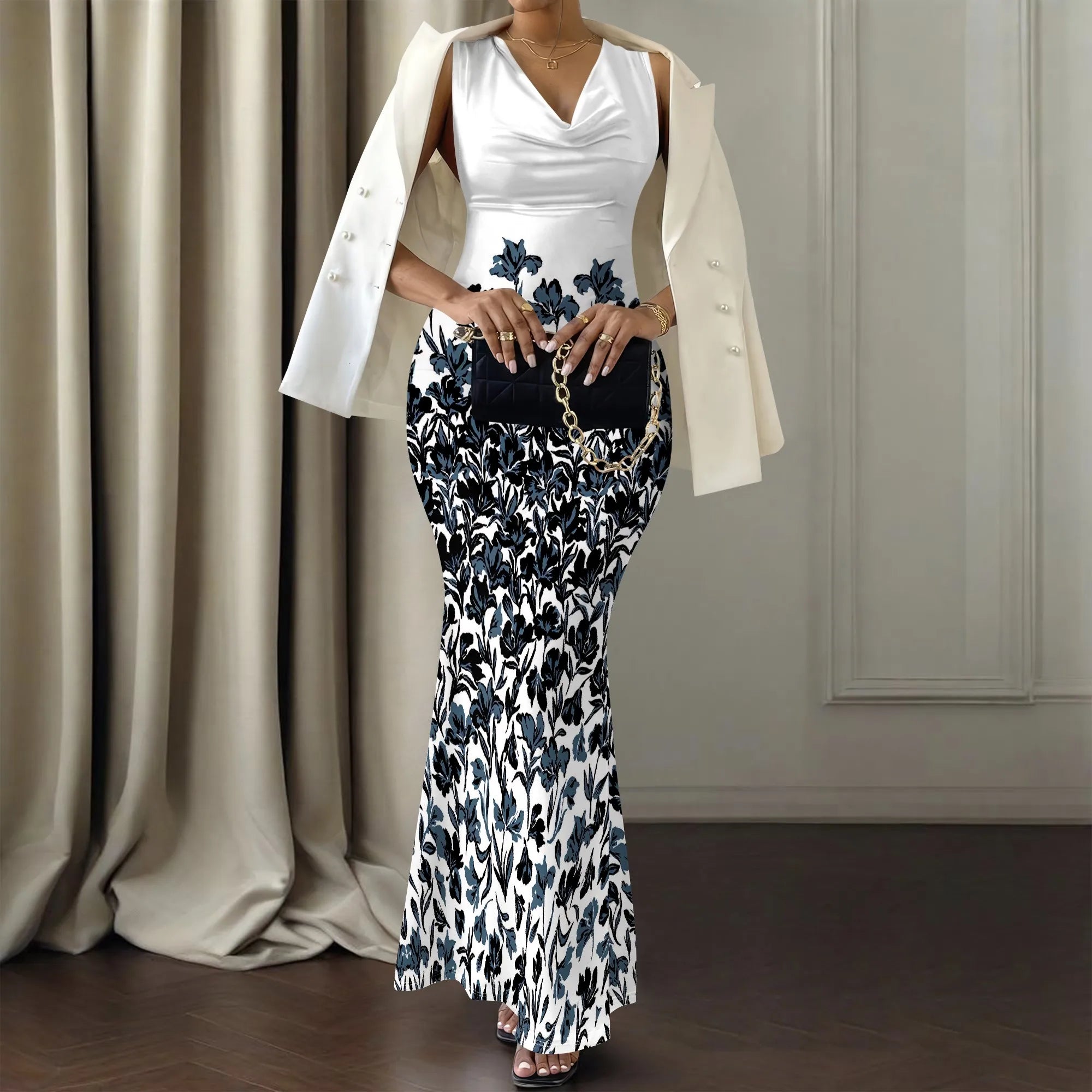 Women's V-Neck Sleeveless Maxi Dress Purple Sketch Floral Print Elegant Bodycon Summer Party Dress