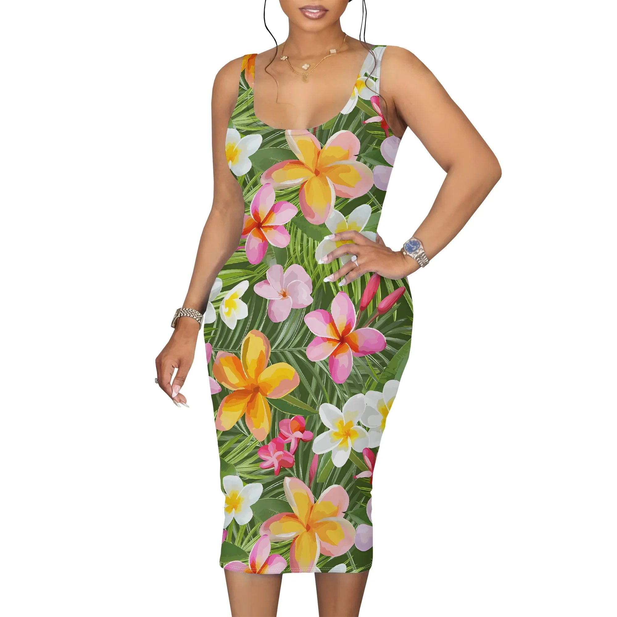 Tropical Floral Print Sleeveless Midi Dress for Women Sexy Summer Vacation Outfit