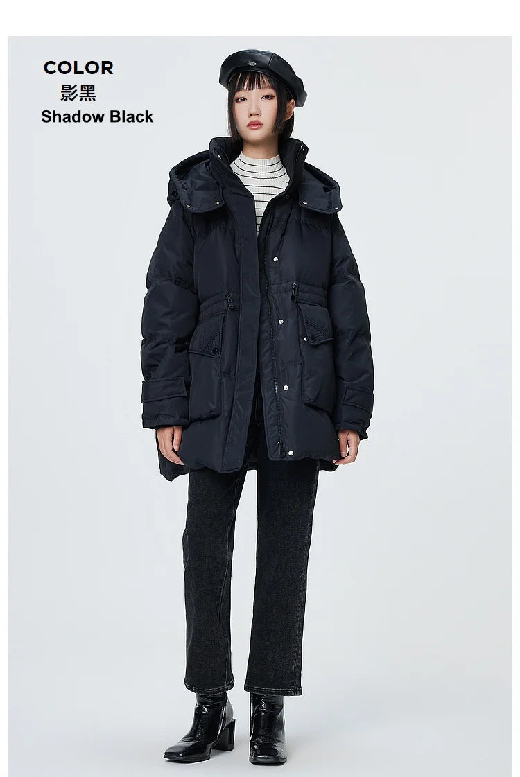 Women's Winter Warm Oversized Long Hooded Down Jacket, Adjustable Pig Nose, Buckle Waist Belt Utility Duck Down Parka For Ladies