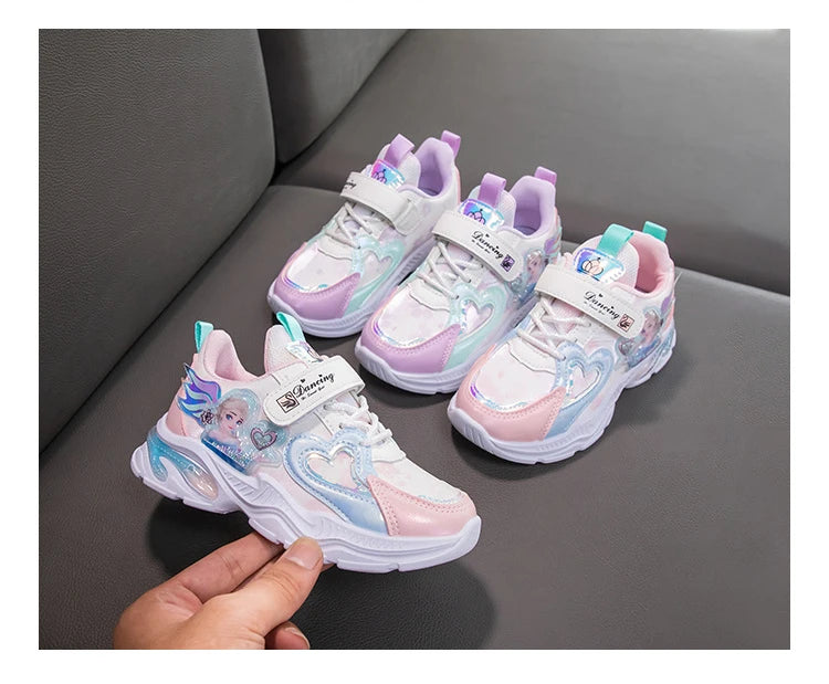 Girls' Casual Shoes Frozen Princess Elsa Sneakers Mesh Leather White Breathable Sole Children's Sport Shoes Size 26-37