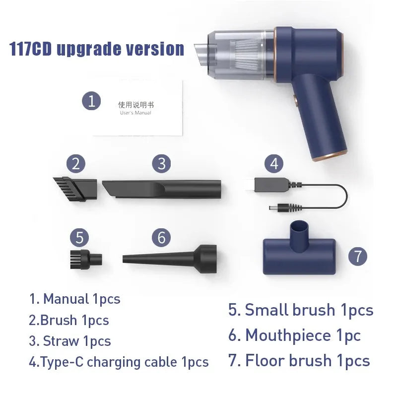 2-in-1 Wireless Car Vacuum Cleaner – Portable High-Power Handheld Vacuum with Multi Brush Heads & Type-C Charging