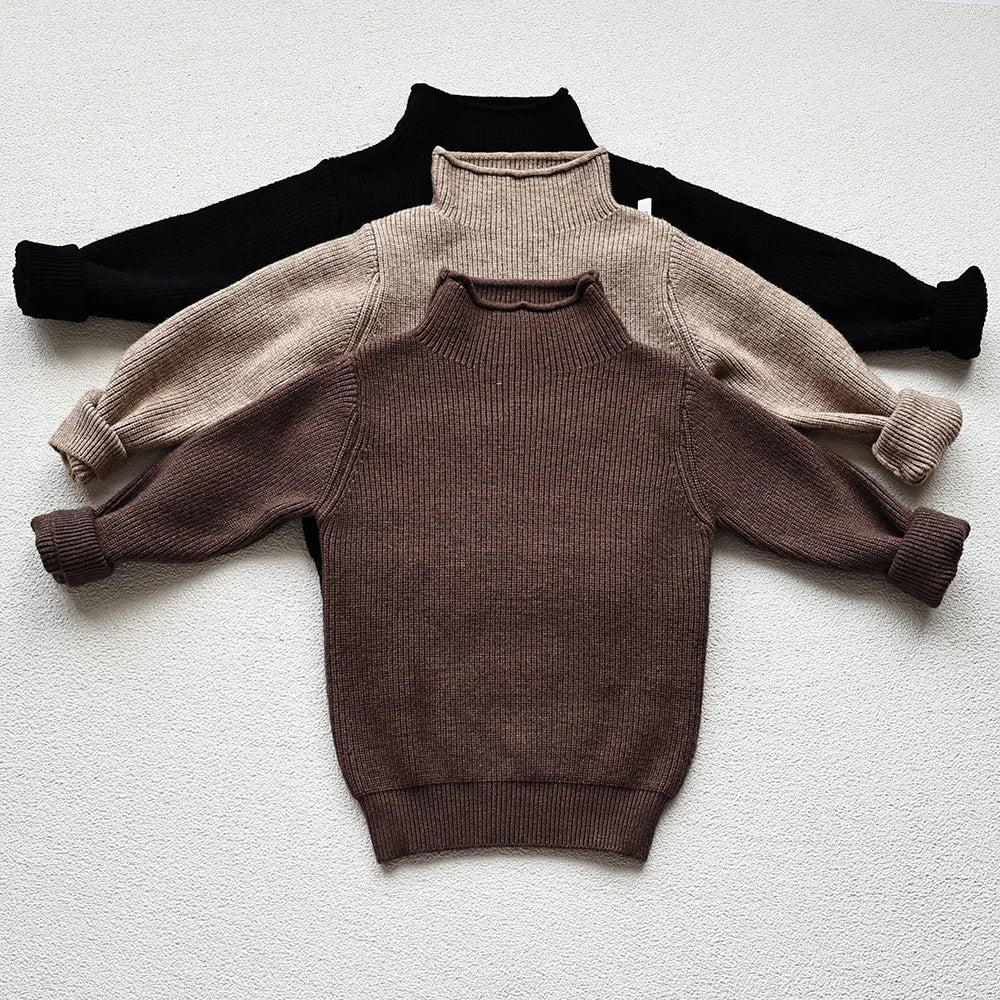 2025 Autumn Winter Comfort Kids Turtleneck Pullover Sweaters Solid Boys Girls Matching Knit Tops Toddler Warm Knitwear Sweaters 1-12Y Unisex