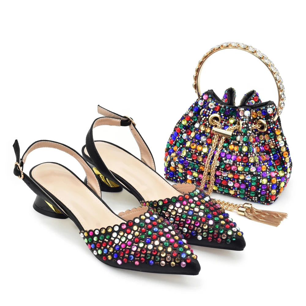 Italian Shoes with Matching Bags Set Rhinestone-Decorated with Medium Heels  for African Ladies' Party Pumps