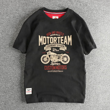 Summer American Retro Short Sleeve O-neck Letter Motorcycle Printed T-shirt Men's Fashion 100% Cotton Washed Casual Youth Tops