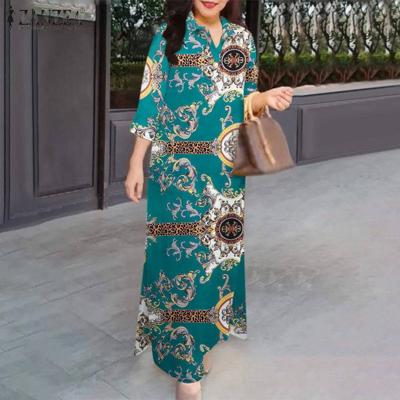 Fashion Slit Hem Shirtdress 3/4 Sleeve Women Vintage Casual Maxi Dress Autumn Baroque Print Lapel Neck Long Vestidos