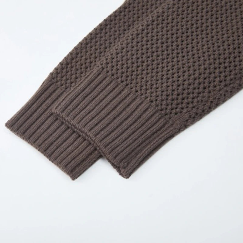 Men's Autumn/Winter Colour-Block Striped Polo Collar Knitted  High Quality Hollow Out Cardigan With 60% Cotton