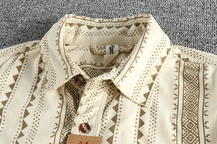Lente Nieuwe Amerikaanse Retro Lange Mouw Revers Navajo Totem Bedrukt Shirt Herenmode 100% Katoen Gewassen Casual Blouses Dunne Jas