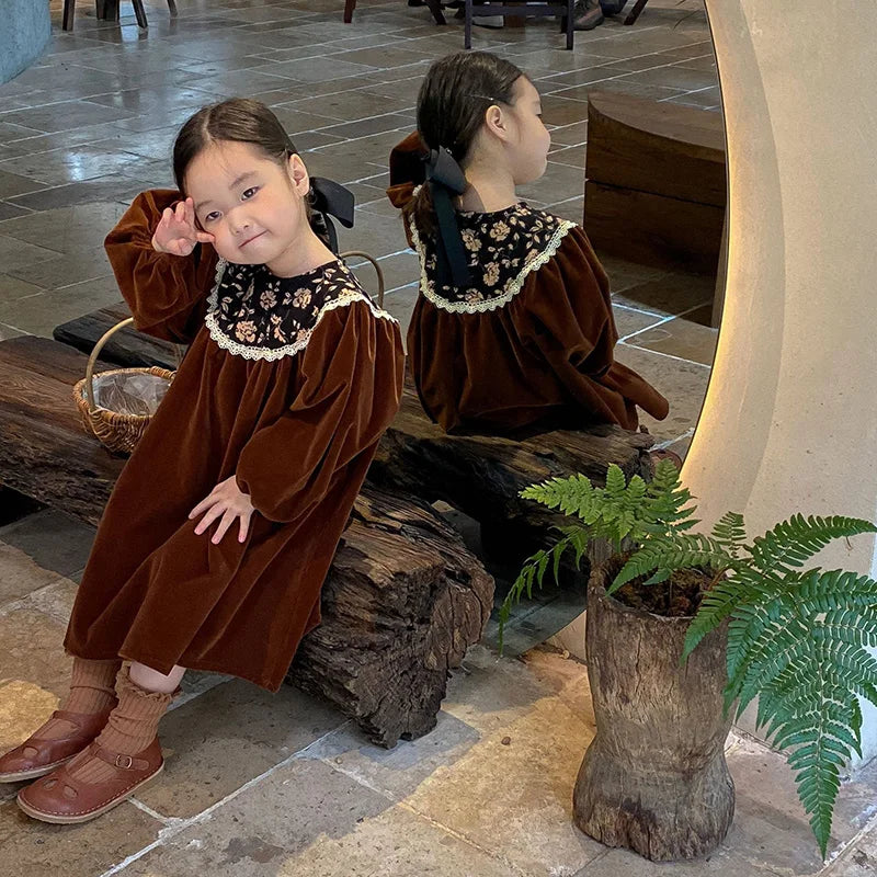 Autumn Velvet Vintage Style Kids Long Dress for Girls Floral Round Collar Princess Kids Clothes Dresses 2-6 Years