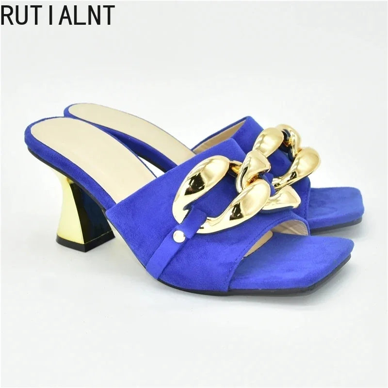 Ladies Metal Decorative Chain Wedding Bridal Shoes Ladies Open Toe High Heels Shoes Slip on Women Party Pumps