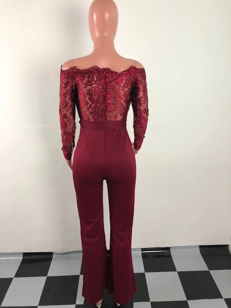 Off Shoulder Mesh Embroidery Long Sleeve Flare Jumpsuit With Belt