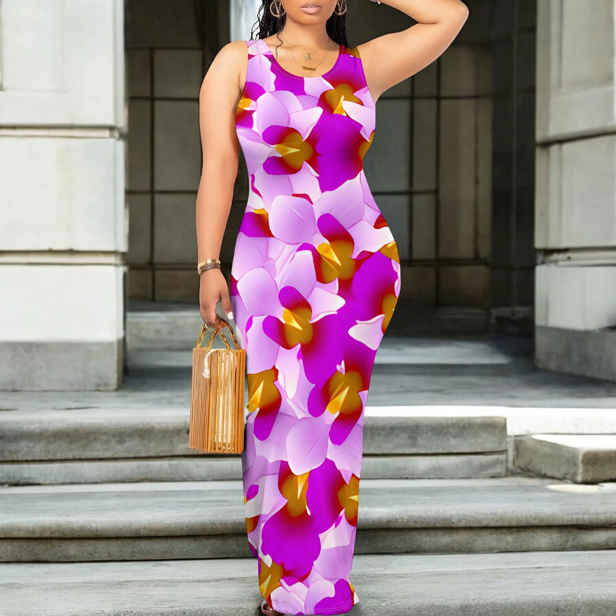 Summer Sleeveless Maxi Dress Women Floral Print Beach Sundress Elegant Pink Purple Bodycon Long Dress for Vacation