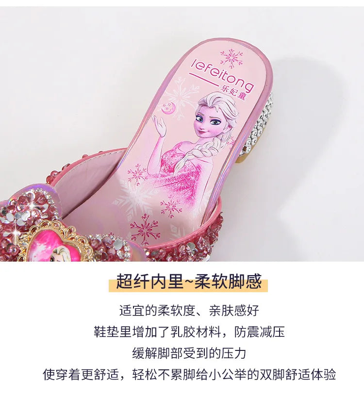 Zomersandalen voor meisjes, modieuze slippers met pailletten, prinsessenschoenen voor kinderen, hoge hakken, feestjurken, Elsa-schoenen, leren slippers voor meisjes