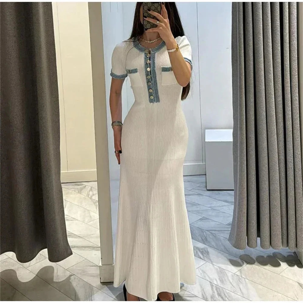 Elegant Contrasting Women Knit Maxi Dress Chic O-neck Short Sleeve Metal Buttons Bodycon Dresses Office Lady Commuting Robe