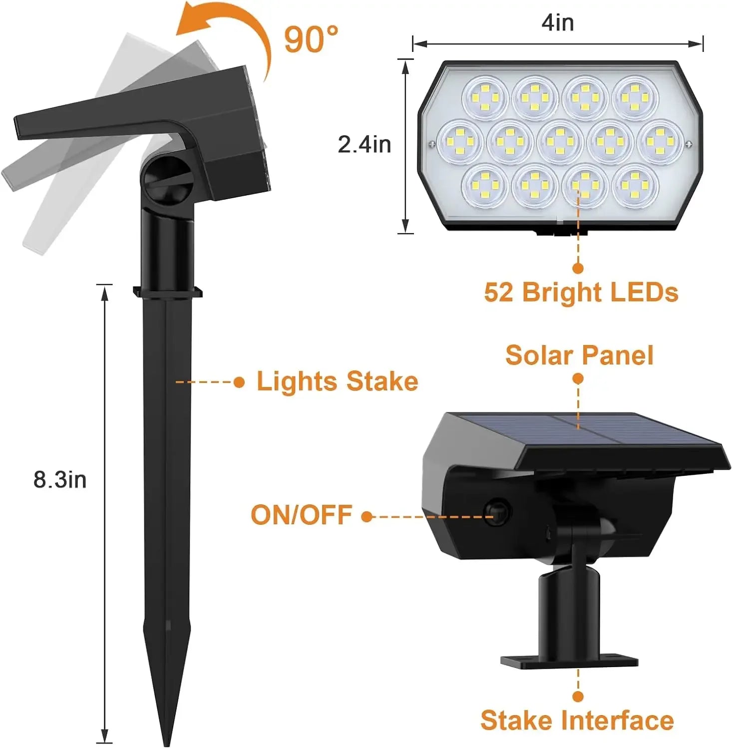 52 LED Solar Spot Lights Outdoor IP65 Waterproof with 3 Modes Landscape Lighting for Walkway Yard Garden