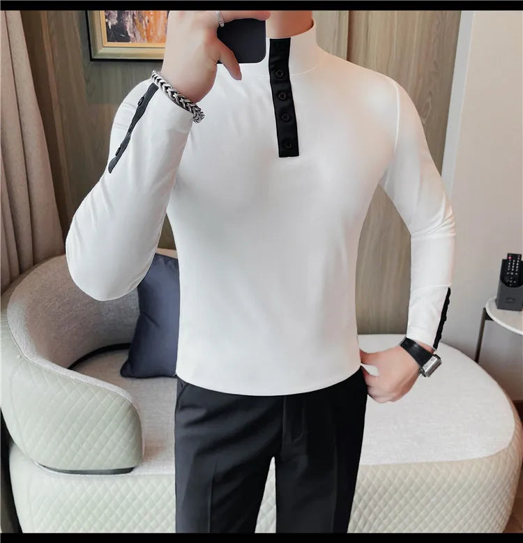 Men's High Quality Long Sleeve T-shirt For Autumn & Winter, Half-High Collar, Solid Colour Top. Collar Button Polo, Suitable As Business Casual