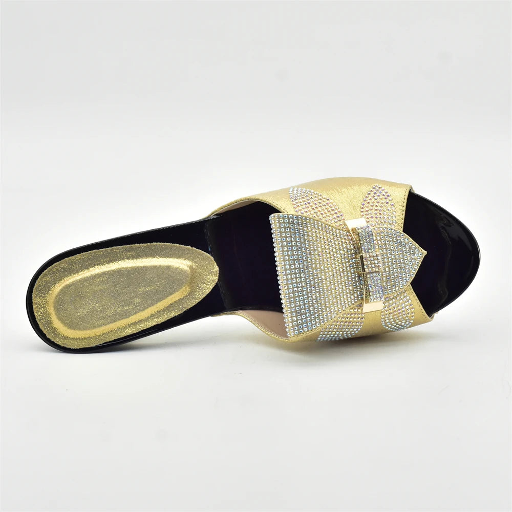 Gold Color Women Slippers Shoes African Women Wedding Shoes Elegant Italian Woman Shoes with Stone High Heels Woman Summer Pumps