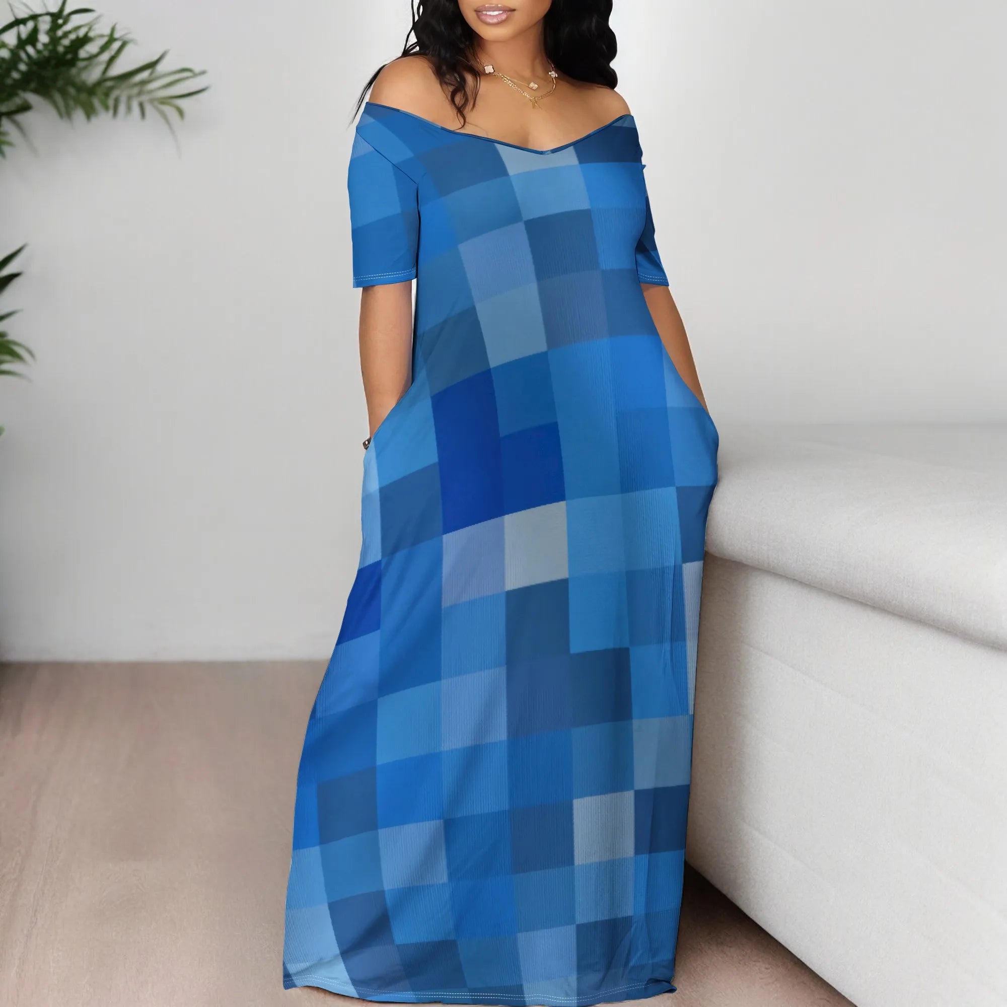 Summer Maxi Dress Women Off Shoulder Plaid Print Pocket Short Sleeve Dress