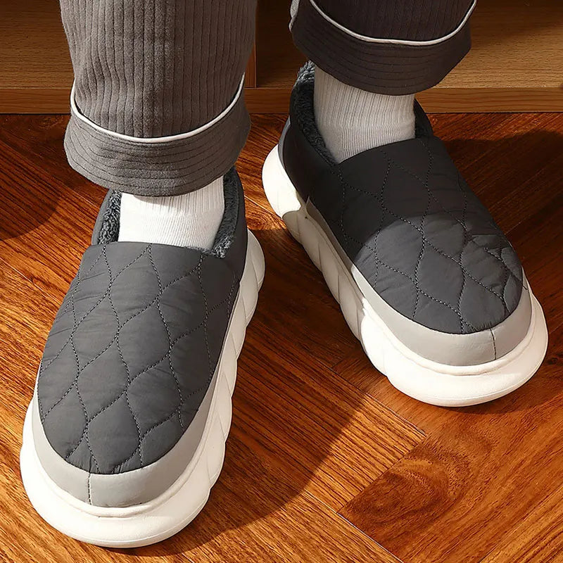 Men's Warm Plush House Slippers Indoor Anti-slip Winter Fluffy Slides With Waterproof Short Plush Male Cotton Shoes